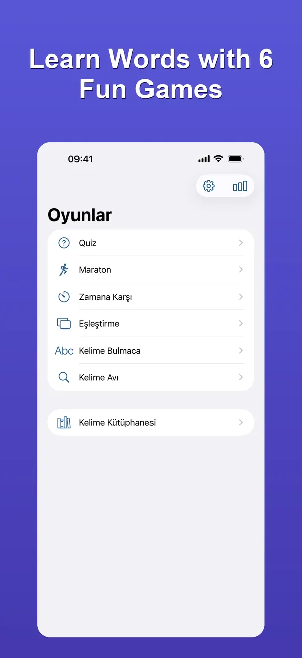 Games screen in the app's Turkish interface: a list of six games and the word library. Image text: Learn words with 6 fun games.
