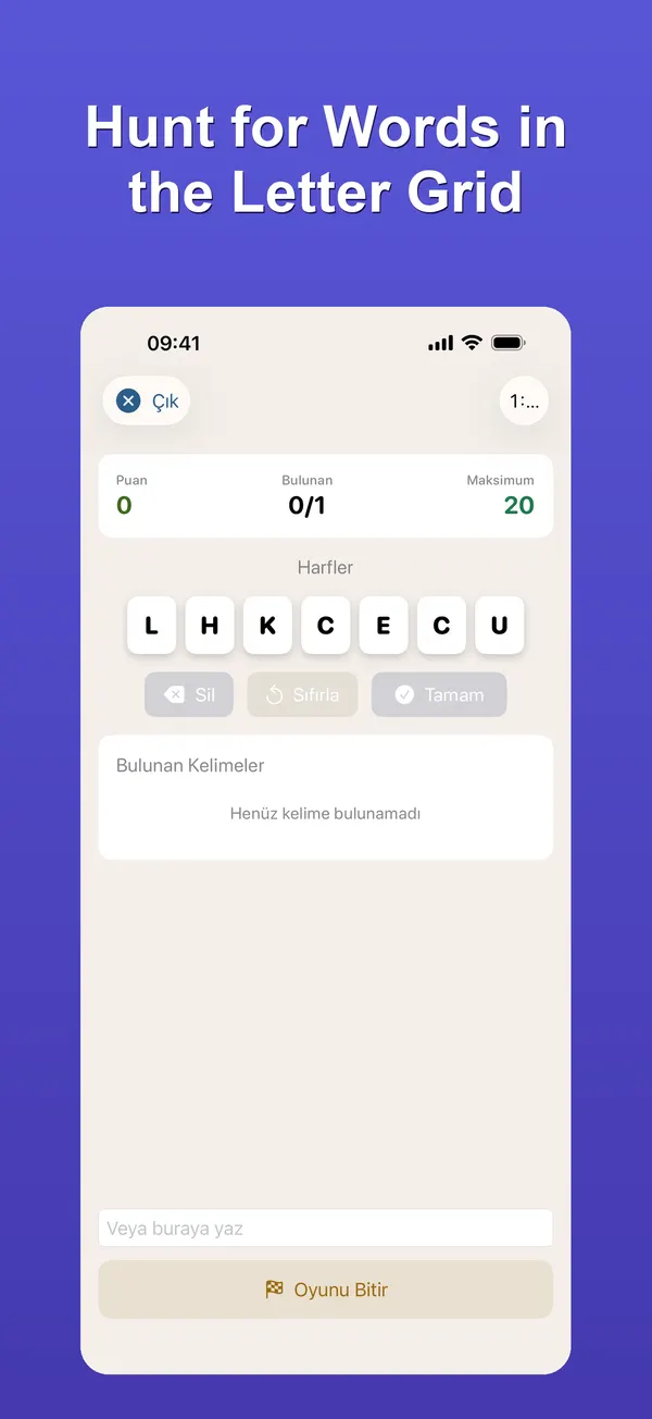 A word hunt game in the Turkish interface: score and words found, with letter tiles and buttons to delete, reset and finish below. Image text: Hunt for words in the letter grid.