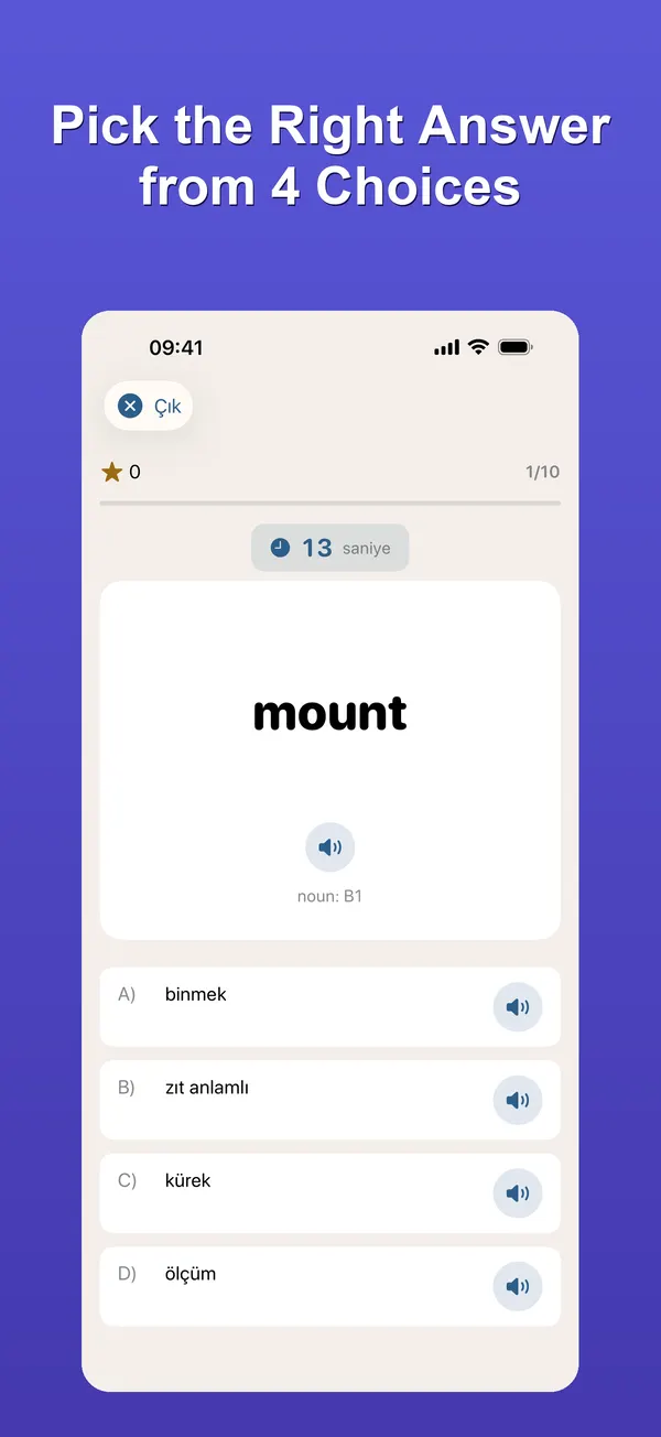 Quiz screen: the English word mount with four Turkish answer choices, each with a play sound button. Image text: Pick the right answer from 4 choices.
