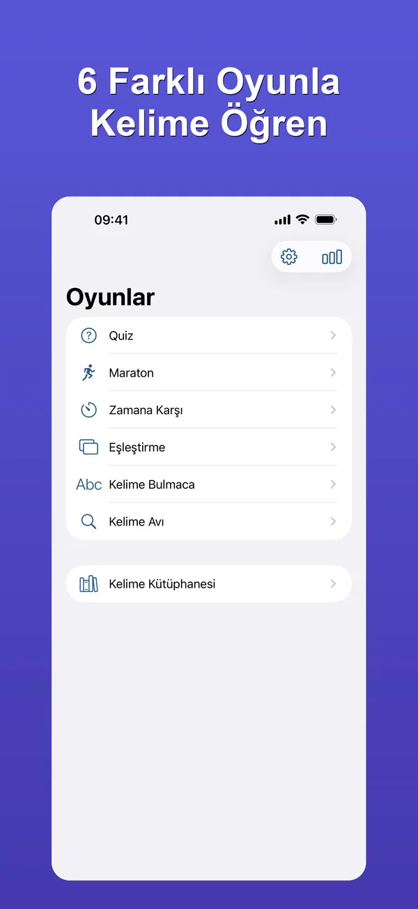 Oyunlar ekranı: Quiz, Maraton, Zamana Karşı, Eşleştirme, Kelime Bulmaca ve Kelime Avı oyunları ile Kelime Kütüphanesi. Görsel yazısı: 6 farklı oyunla kelime öğren.