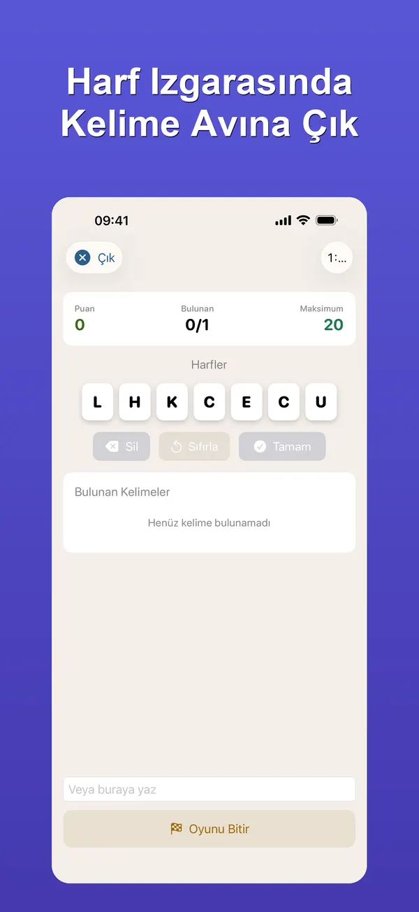 Kelime Avı oyunu: puan ve bulunan kelime sayısı, altında harf kutuları ve Sil, Sıfırla, Tamam düğmeleri. Görsel yazısı: Harf ızgarasında kelime avına çık.