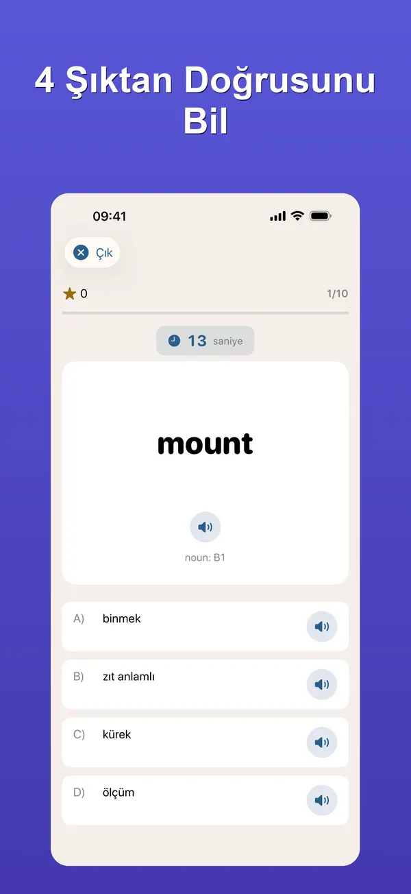 Quiz ekranı: İngilizce mount kelimesi ve dört Türkçe şık; her şıkta sesli okuma düğmesi. Görsel yazısı: 4 şıktan doğrusunu bil.