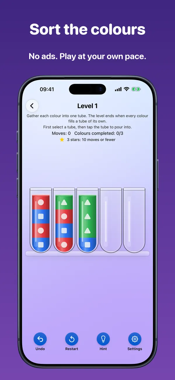 Game screen, Level 1: three tubes filled with coloured liquids and two empty tubes; Undo, Restart, Hint and Settings buttons at the bottom. Image text: Sort the colours. No ads. Play at your own pace.