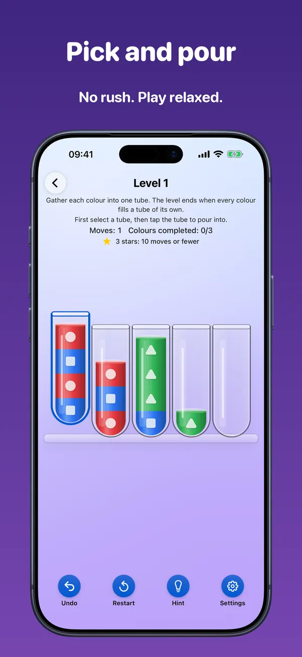Game screen with one tube selected and lifted, waiting for the tube to pour into. Image text: Pick and pour. No rush. Play relaxed.