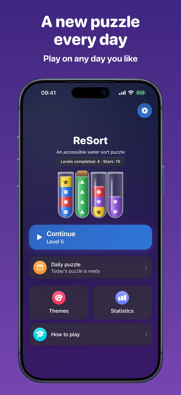Home screen with Continue, Daily puzzle, Themes, Statistics and How to play. Image text: A new puzzle every day. Play on any day you like.